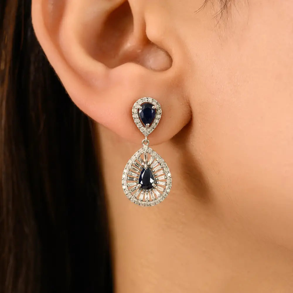 Stunning Blue Sapphire & Diamond Women's Drop Earrings 14K Solid White Gold Fine Jewelry