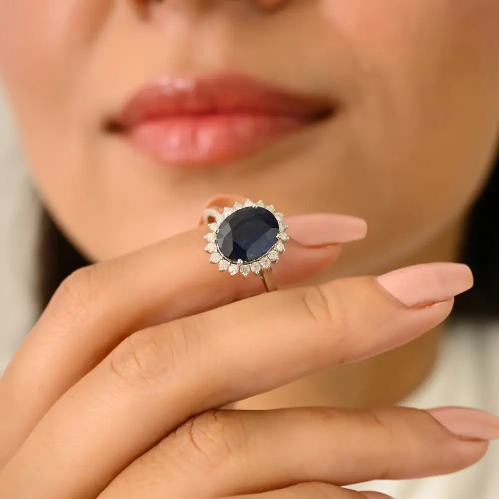 18K White Gold Prong Set Blue Sapphire & Diamond Princes Diana Ring Wedding Jewelry