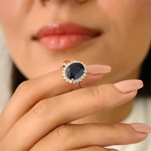 18K White Gold Prong Set Blue Sapphire & Diamond Princes Diana Ring Wedding Jewelry