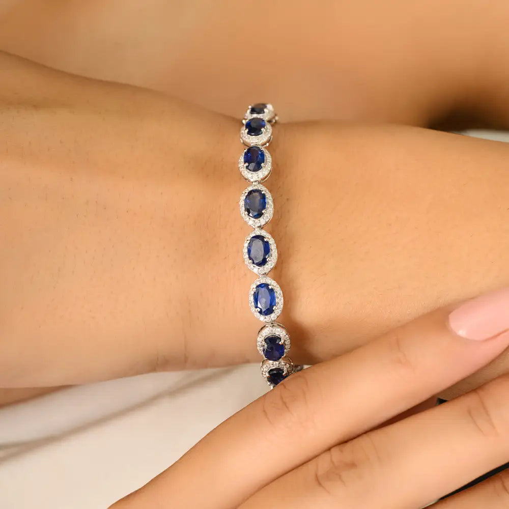 Prong Set Blue Sapphire & Diamond 18K Solid White Gold Halo Tennis Bracelet Statement Jewelry