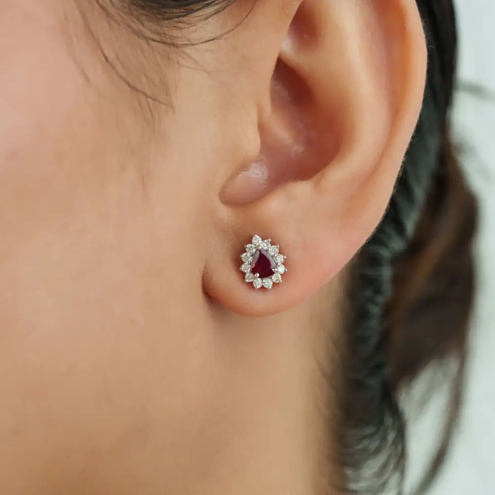 Stunning 18K Real White Gold Ruby & Diamond Pear Shape Cluster Stud Earrings For Women