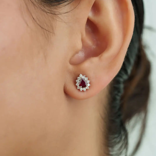 Stunning 18K Real White Gold Ruby & Diamond Pear Shape Cluster Stud Earrings For Women
