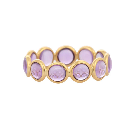 Fine Jewelry Solid K18 Yellow Gold Round Cut Amethyst Full Eternity Band Ring