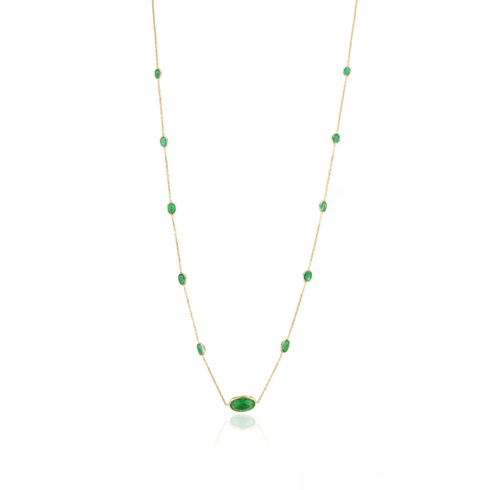 Precious Gemstone Fine Emerald Station Chain Necklace May Birthstone Pure 14K Yellow Gold Women's Jewelry