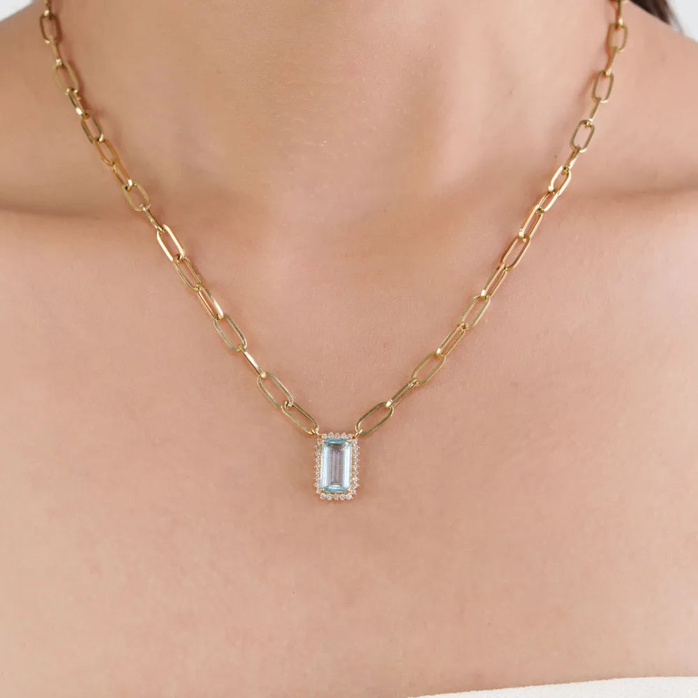 Semi Precious Gemstone Aquamarine & Diamond Paperclip Chain Cluster Pendant Necklace 14K Real Yellow Gold