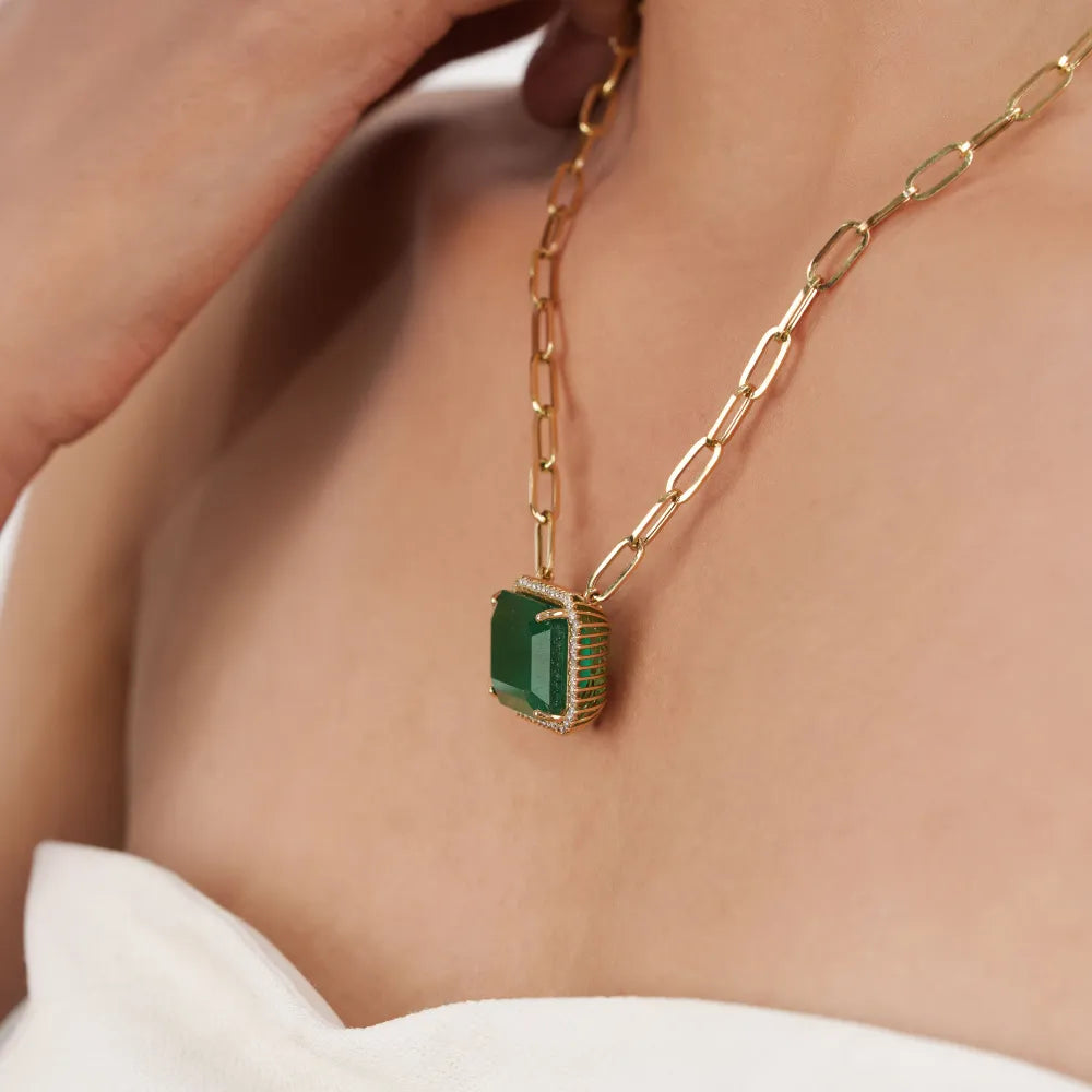 18.82ct. Zambian Emerald & Diamond Cluster Paperclip Chain Pendant Necklace K14 Yellow Gold Jewelry