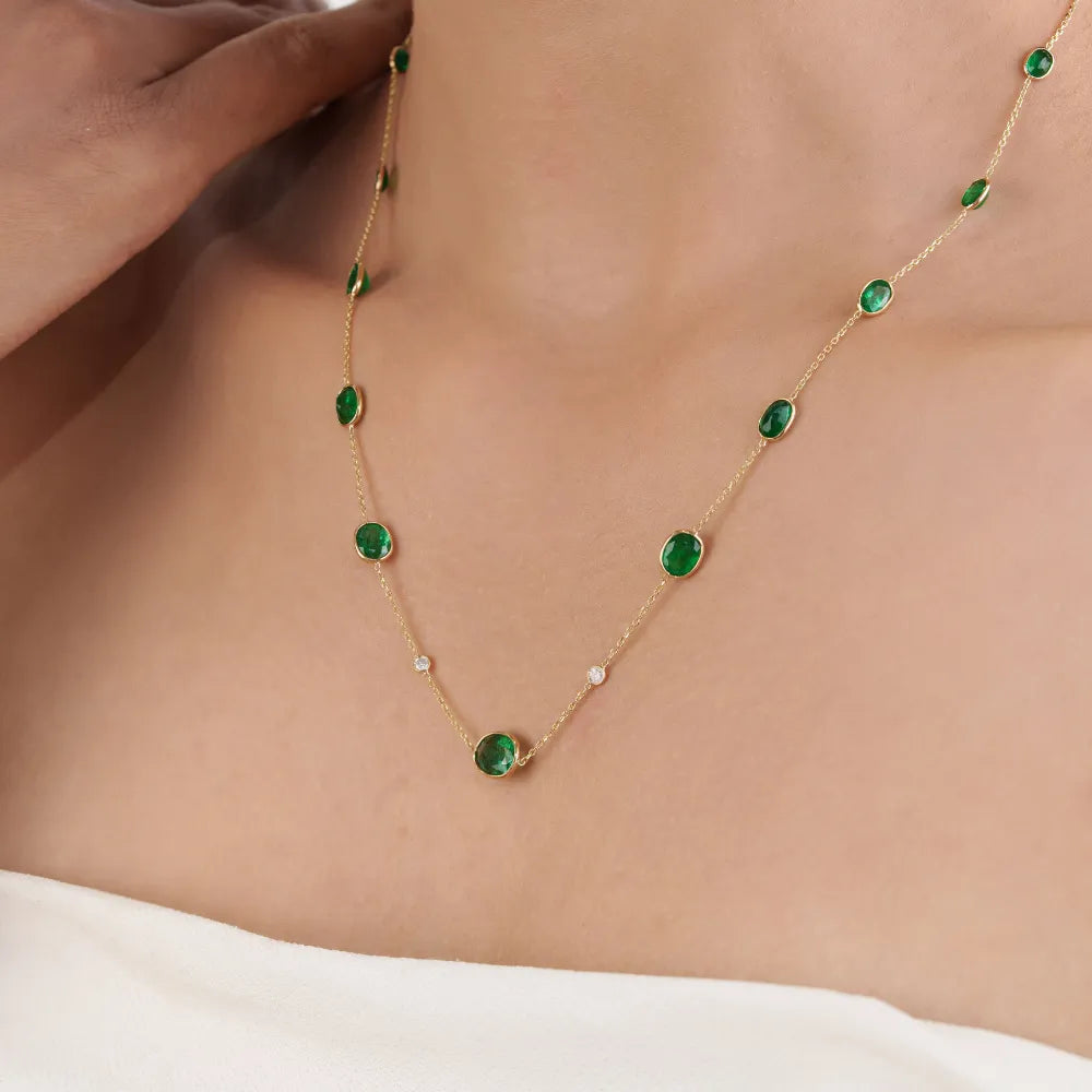 Latest Design Handmade Emerald & Diamond 14K Solid Yellow Gold Station Necklace Light Weight Jewelry
