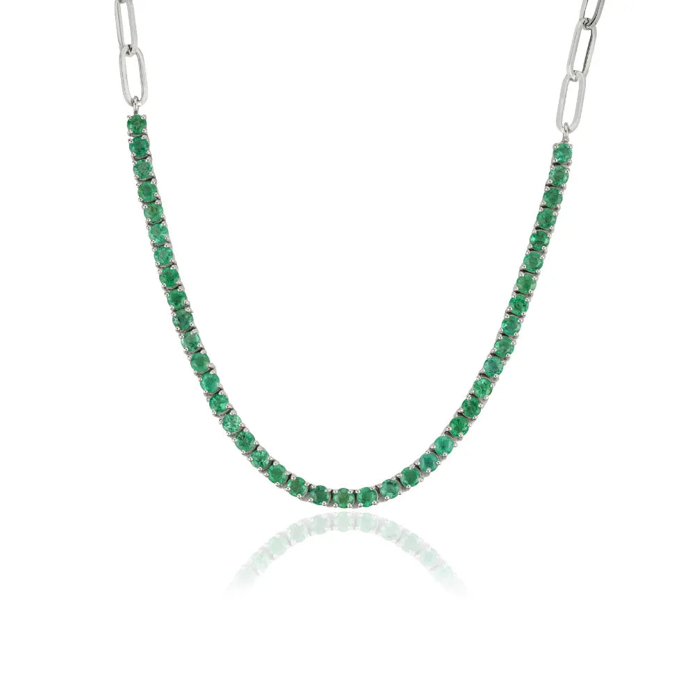 Zambian Emerald Round Cut Gemstone Half Paperclip Chain Tennis Necklace Stack Jewelry 14K White Gold
