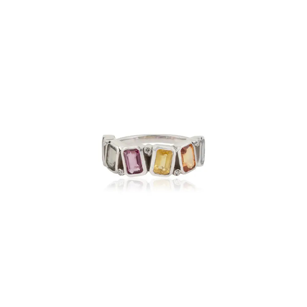 Solid 14K White Gold Rainbow Multi Sapphire & Diamond Half Eternity Band Ring For Wedding
