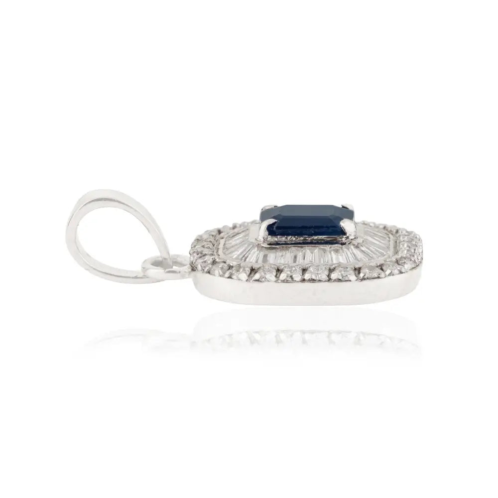 Real Blue Sapphire & Diamond 14K Pure White Gold Double Cluster Pendant For Wedding