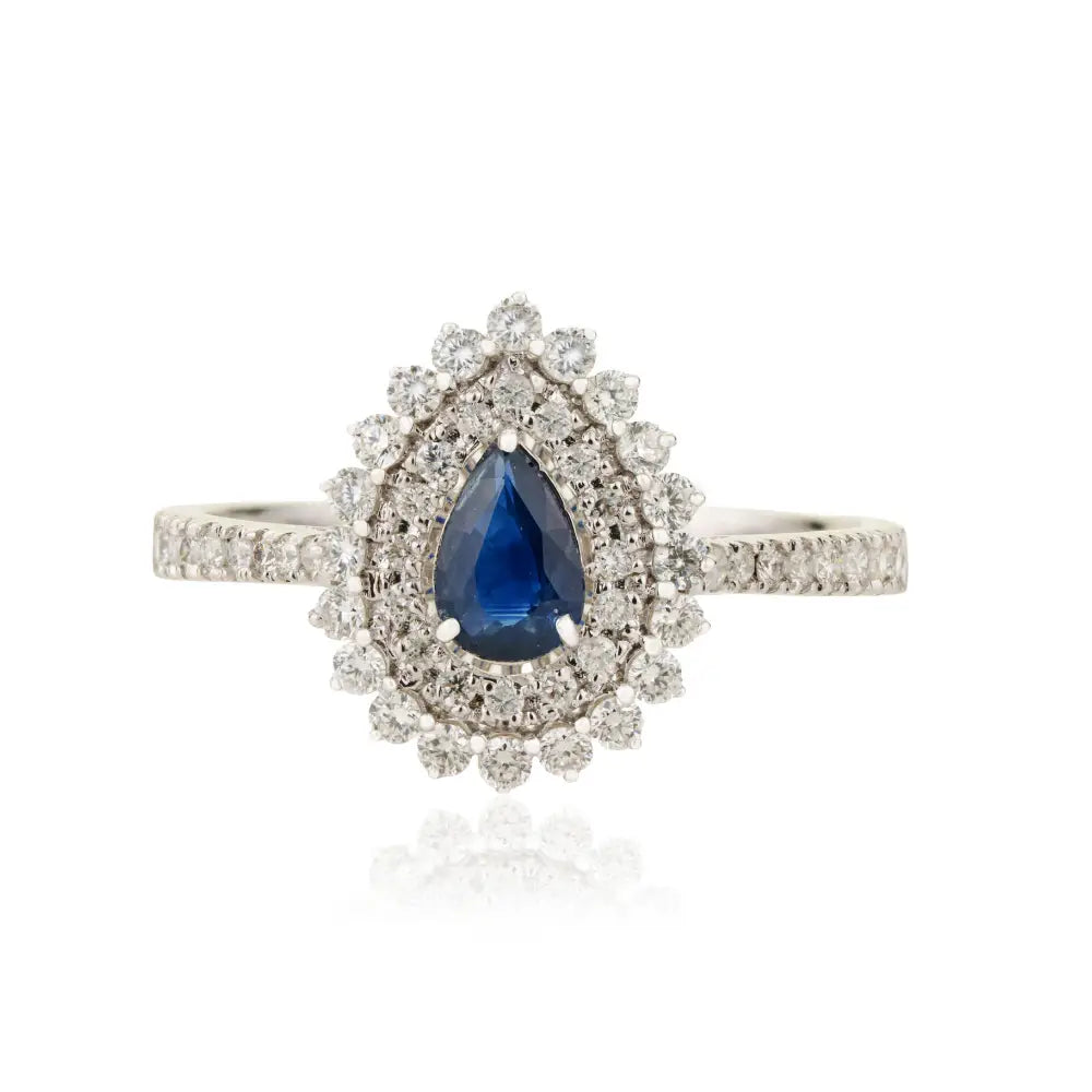 Custom Made Blue Sapphire & Diamond Pear Shape Double Cluster Statement Ring 18K Gold