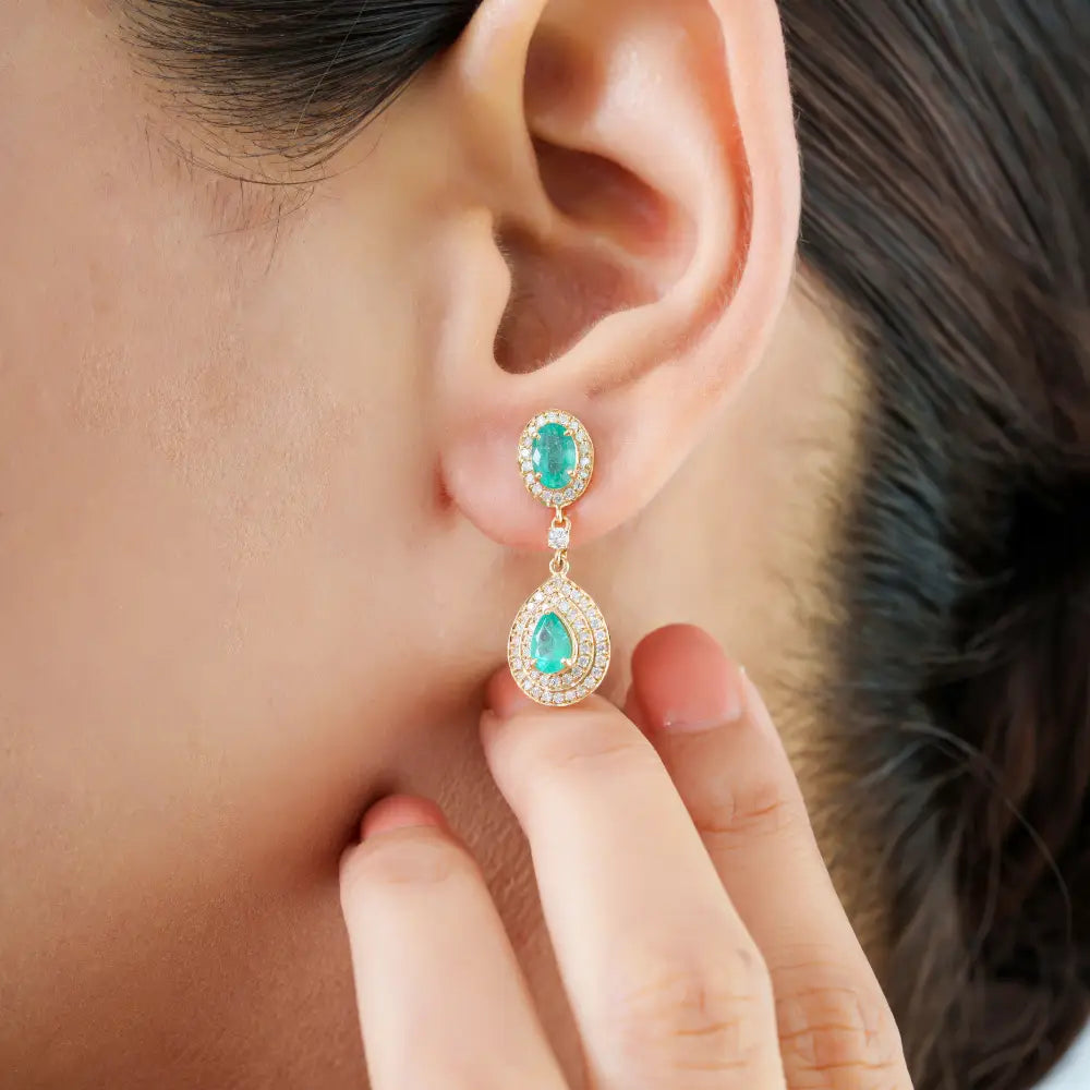 Anniversary Gift Emerald & Diamond Wedding Drop Earrings 14K Yellow Gold Fine Jewelry
