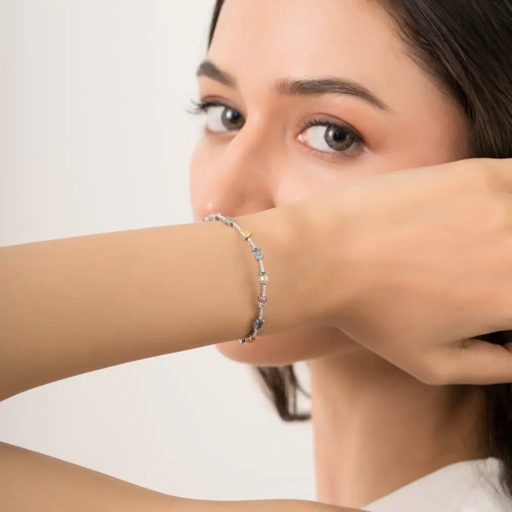 Octagon Shape Multi Sapphire & Round Cut Diamond K14 White Gold Sleek Tennis Bracelet