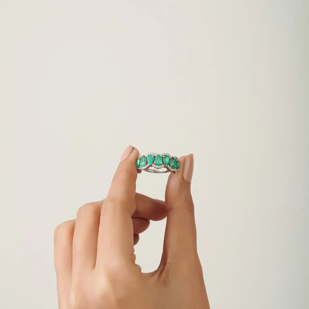 Zambian Emerald & Diamond 14K Real White Gold Wave Shape Half Eternity Band Ring