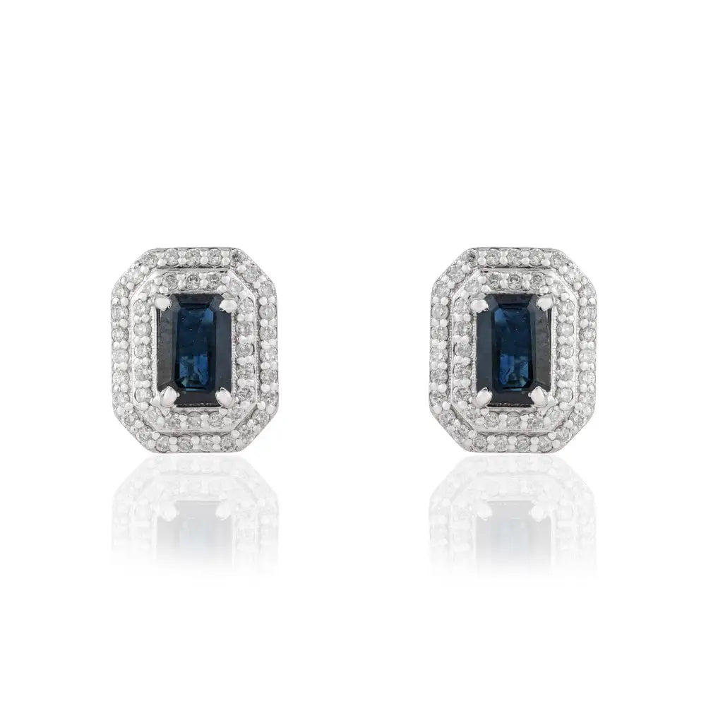 14K White Gold Blue Sapphire & Diamond Double Cluster Push Back Stud Earrings For Women's