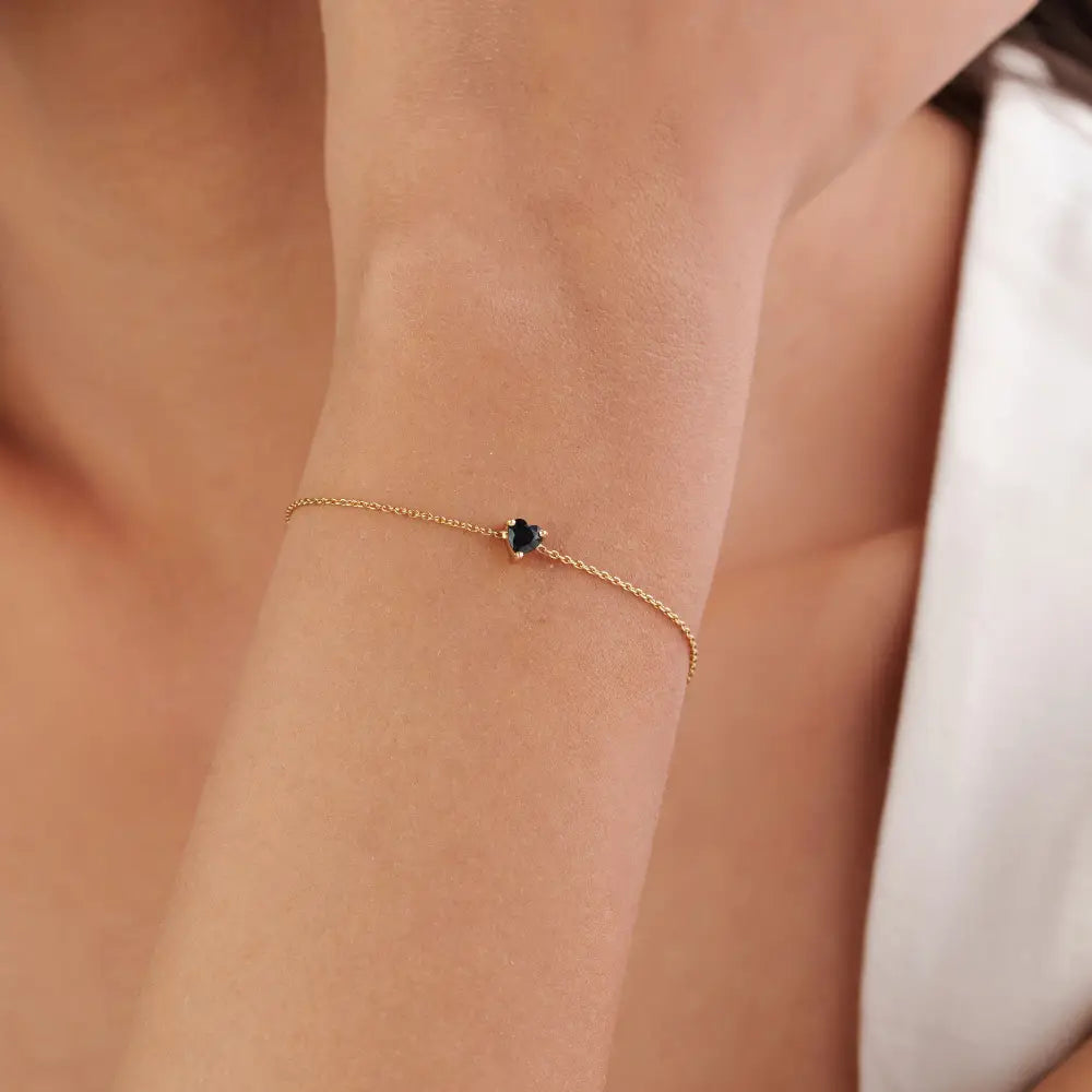 Minimalist Design Heart Shape Blue Sapphire Single Stone Bracelet Real K14 Yellow Gold Stackable Jewelry