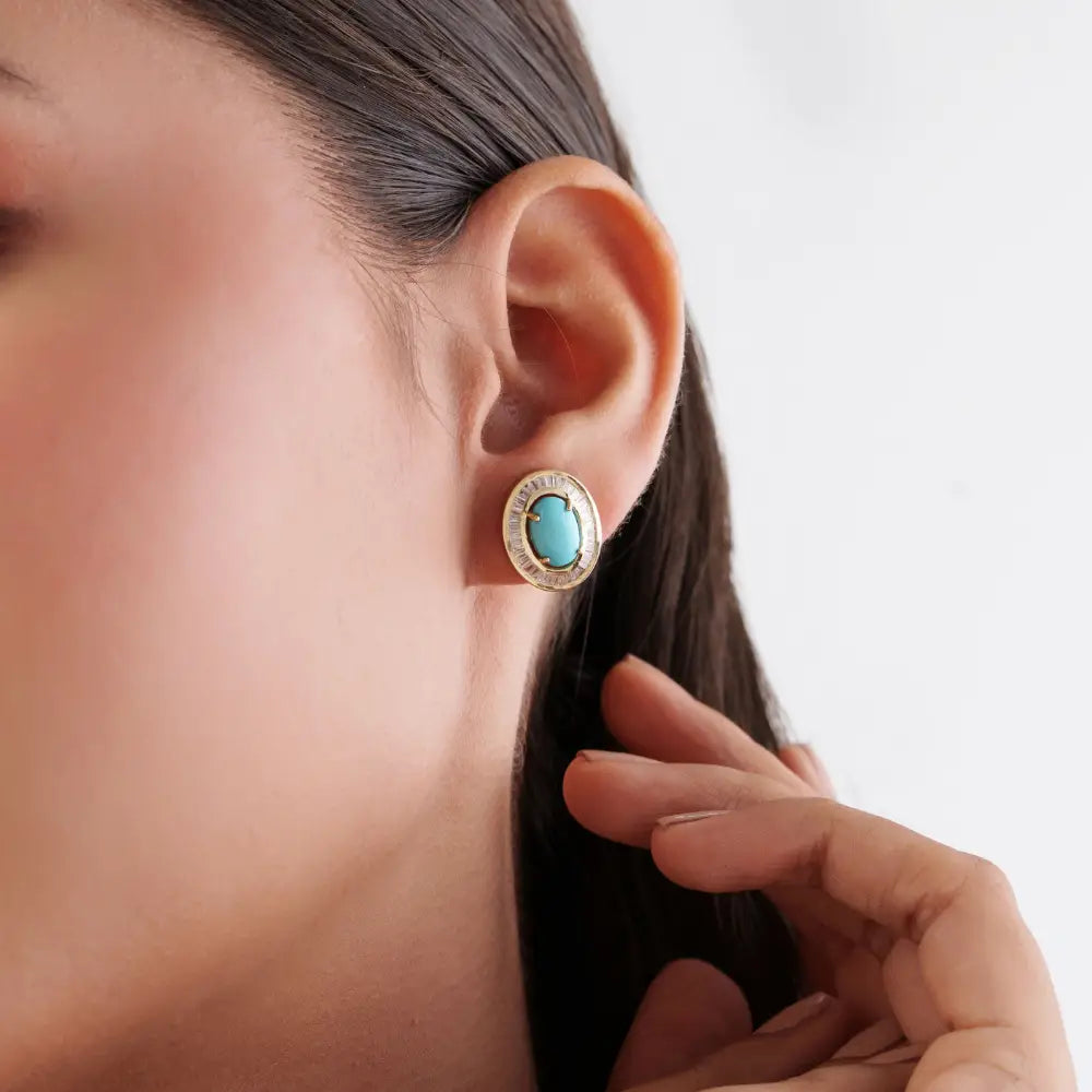 Best Seller 14K Real Yellow Gold Turquoise & Diamond Halo Stud Earrings Fine Bulk Jewelry
