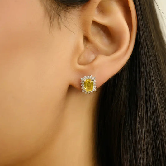 Yellow Sapphire & Diamond Push Back Cluster Stud Earrings 14K Real White Gold Women Jewelry