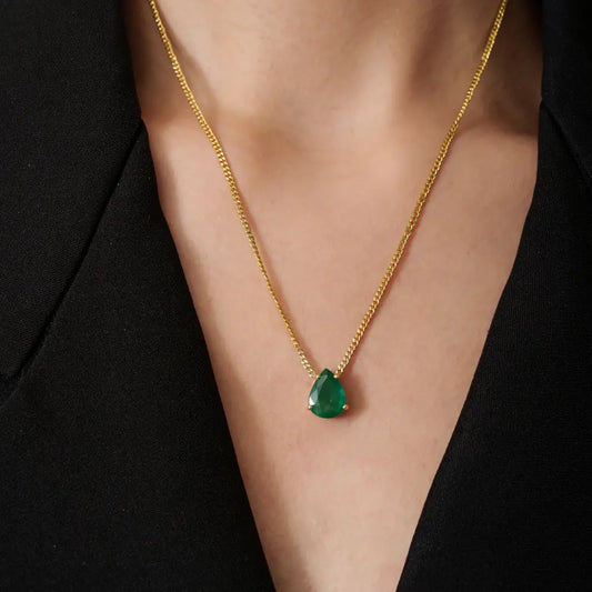 K14 Solid Yellow Gold Pear Shape Emerald Single Stone Curb Link Chain Pendant Necklace