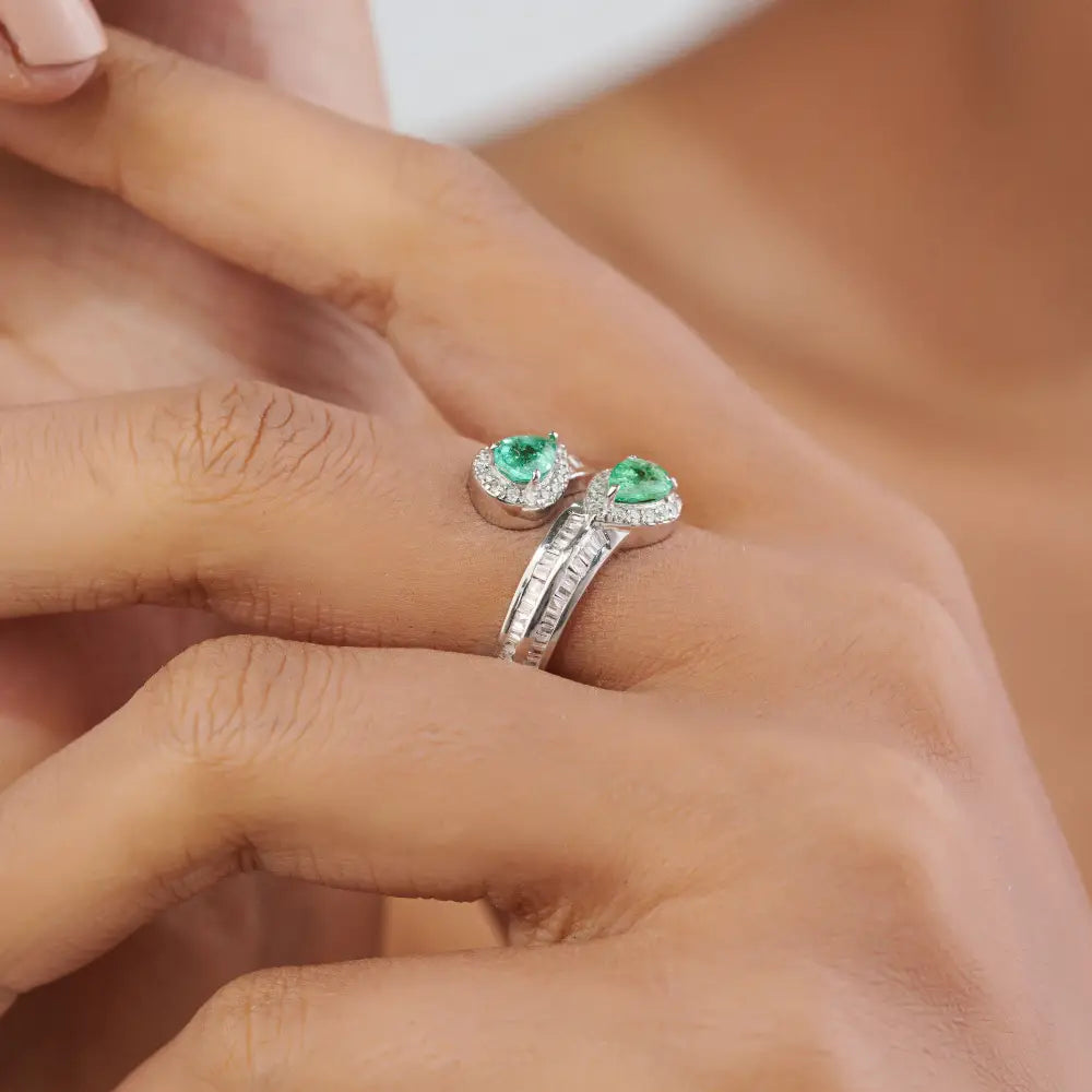 Authentic Emerald & Diamond Statement Bypass Ring Pure 14K White Gold Handmade Jewelry