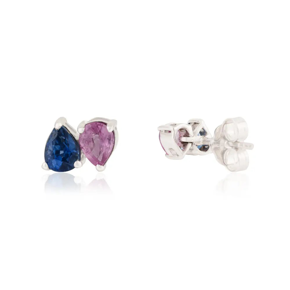 18K White Gold Prong Set Pink & Blue Sapphire Minimal Toi et Moi Stud Earrings Birthstone Jewelry