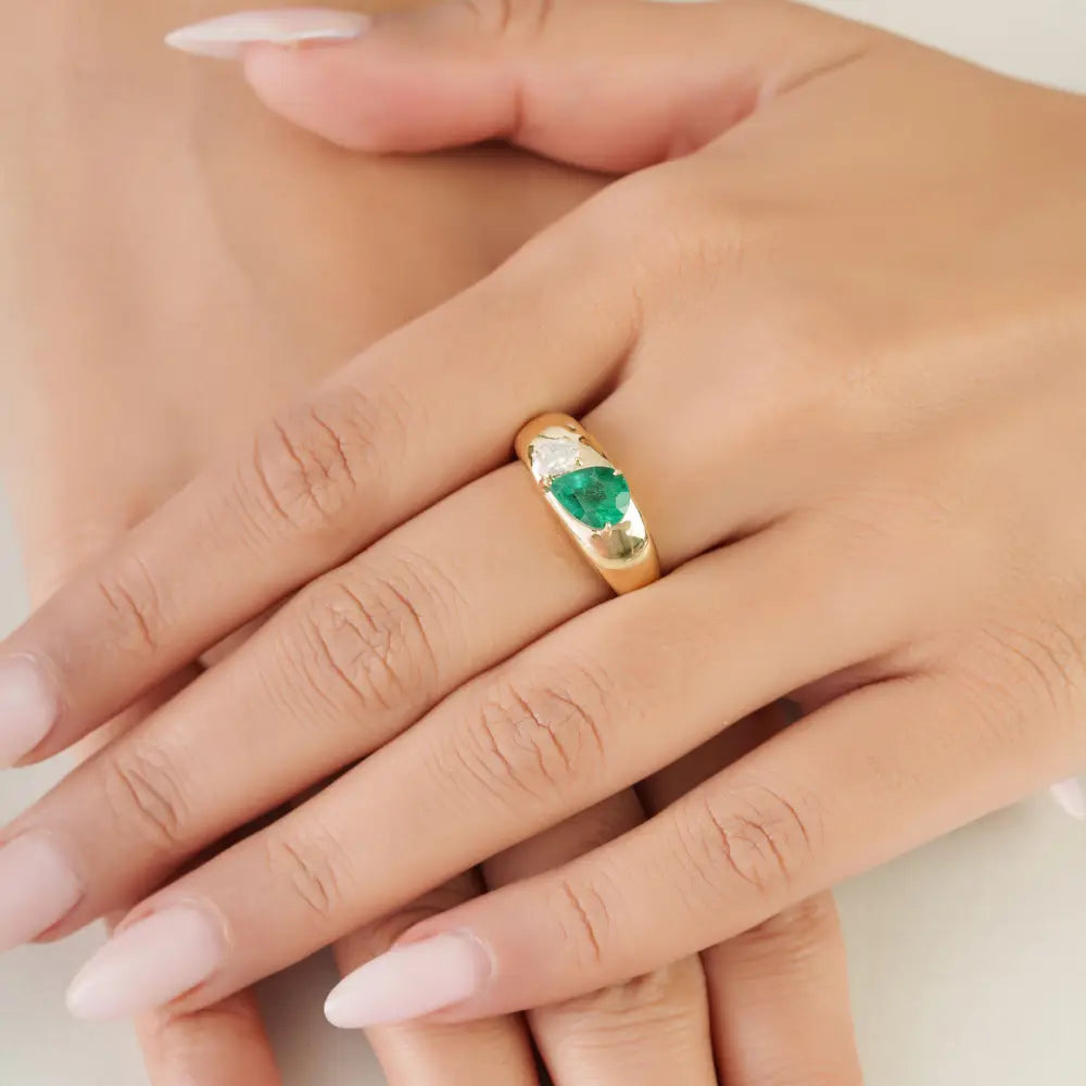 Bold Jewelry Genuine Emerald & Diamond Toi et Moi Statement Dome Ring For Men's Jewelry