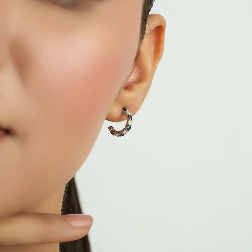 K14 Real White Gold Blue Sapphire & Diamond Small Hoop Earrings Everyday Wear Women Jewelry