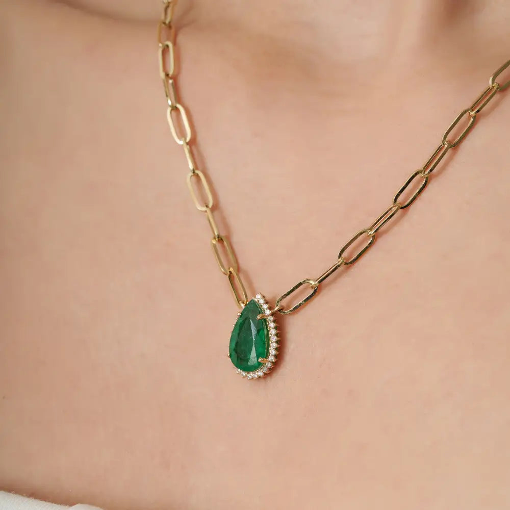 May Birthstone Emerald & Diamond Solitaire Cluster Pendant Necklace Fine K14 Real Yellow Gold
