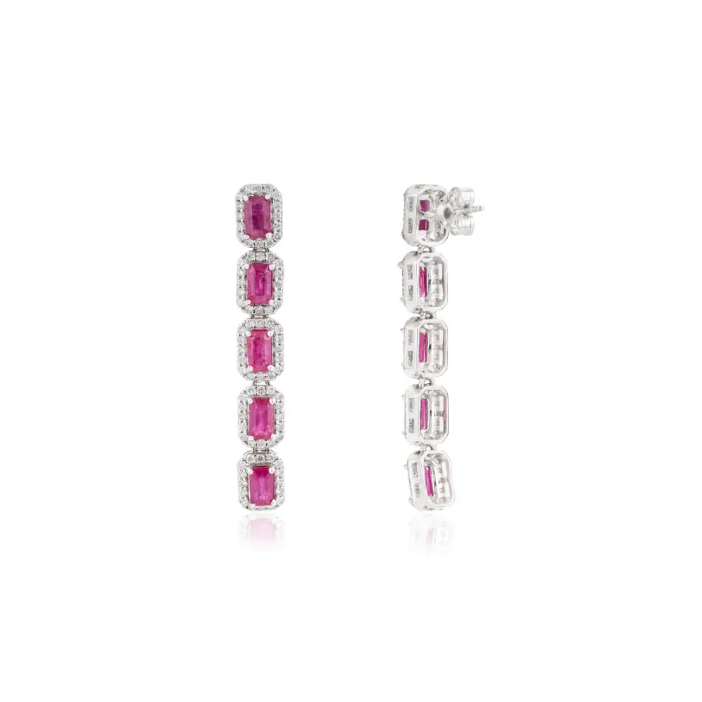 Luxurious Ruby & Diamond K14 Solid White Gold Halo Dangle Earrings For Women's Bold Jewelry