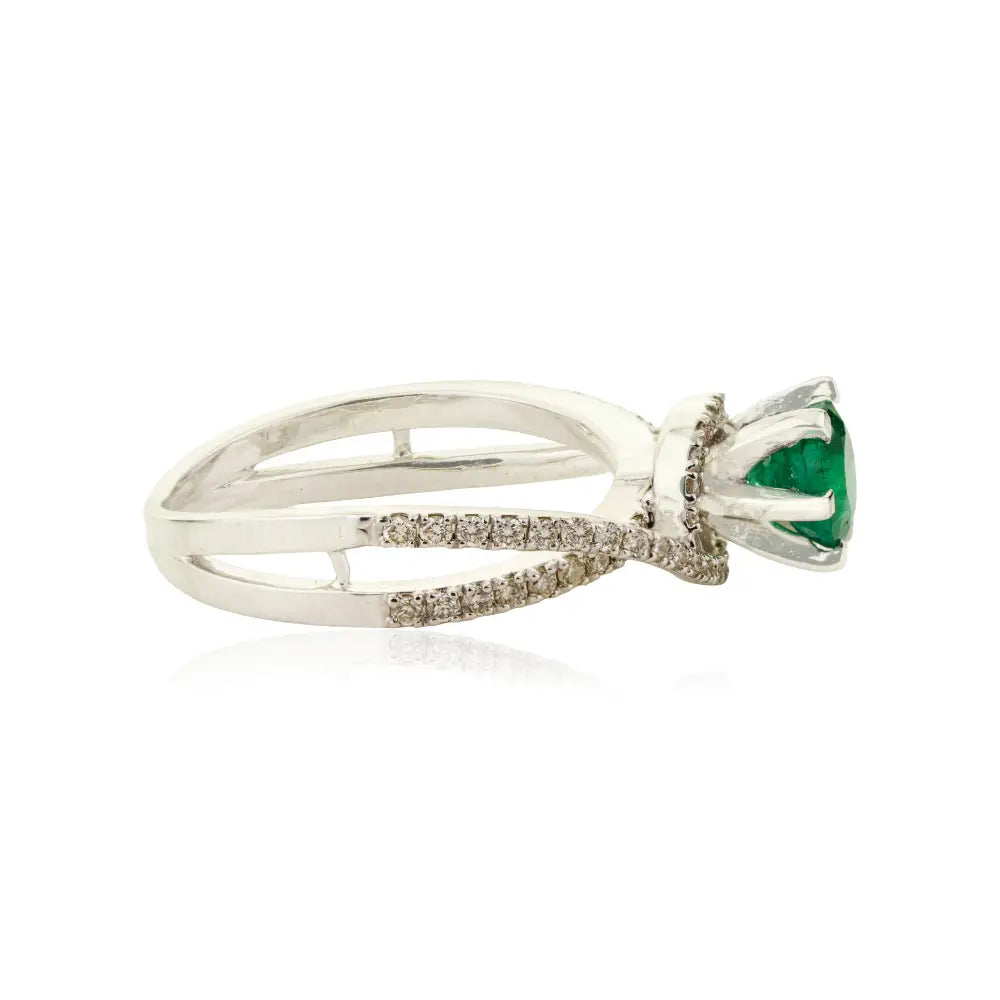 Zambian Emerald & Diamond Curve Band Engagement Ring Stackable 18K White Gold Jewelry