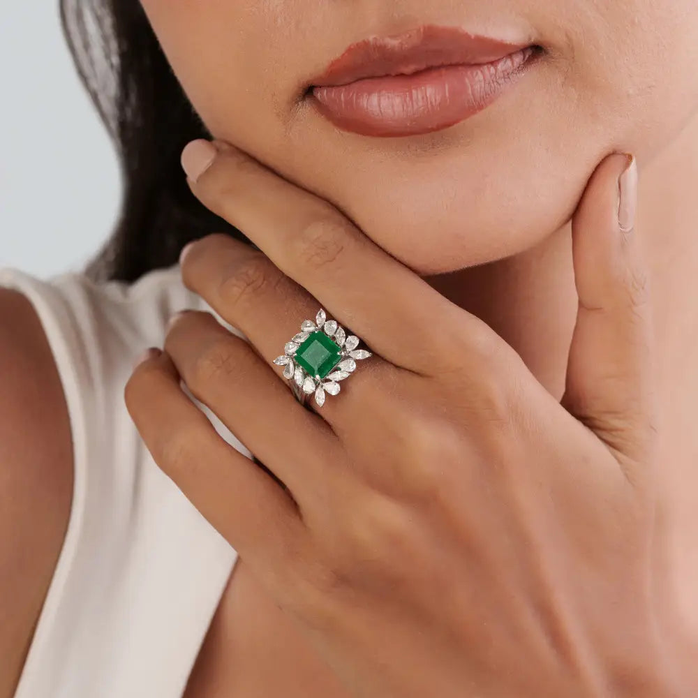 Unique Design Square Cut Emerald & Diamond Cocktail Ring Real K18 White Gold Luxury Jewelry