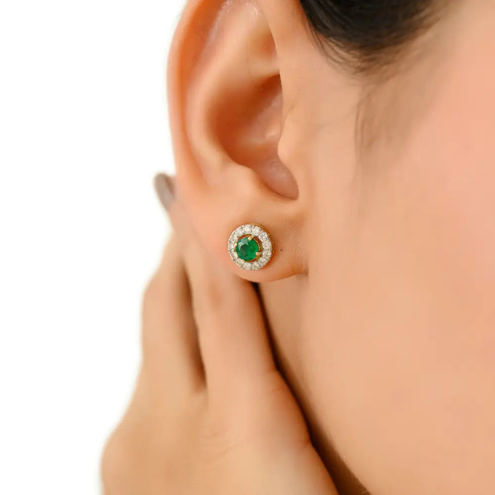 High Quality Emerald & Diamond 18K Yellow Gold Round Shape Halo Stud Earrings Fine Jewelry