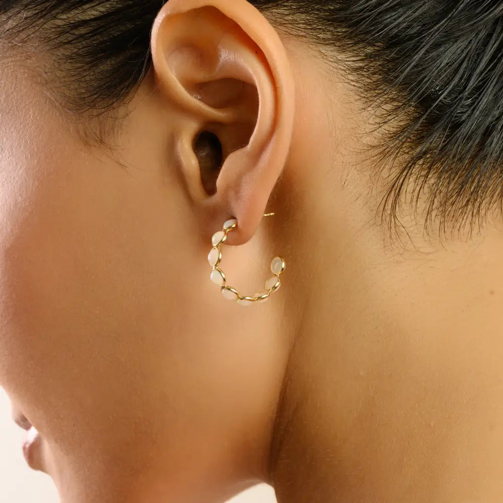 4 mm Opal Gemstone 18K Real Yellow Gold C Shape Hoop Earring Handmade Jewelry For Women