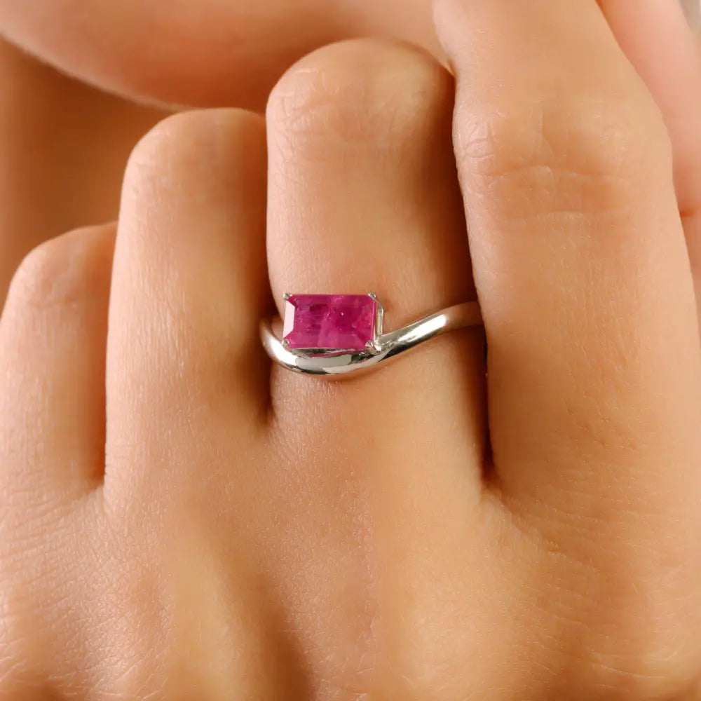 Octagon Cut Ruby Handmade 14K White Gold Curve Shape Wavy Ring Anniversary Gift