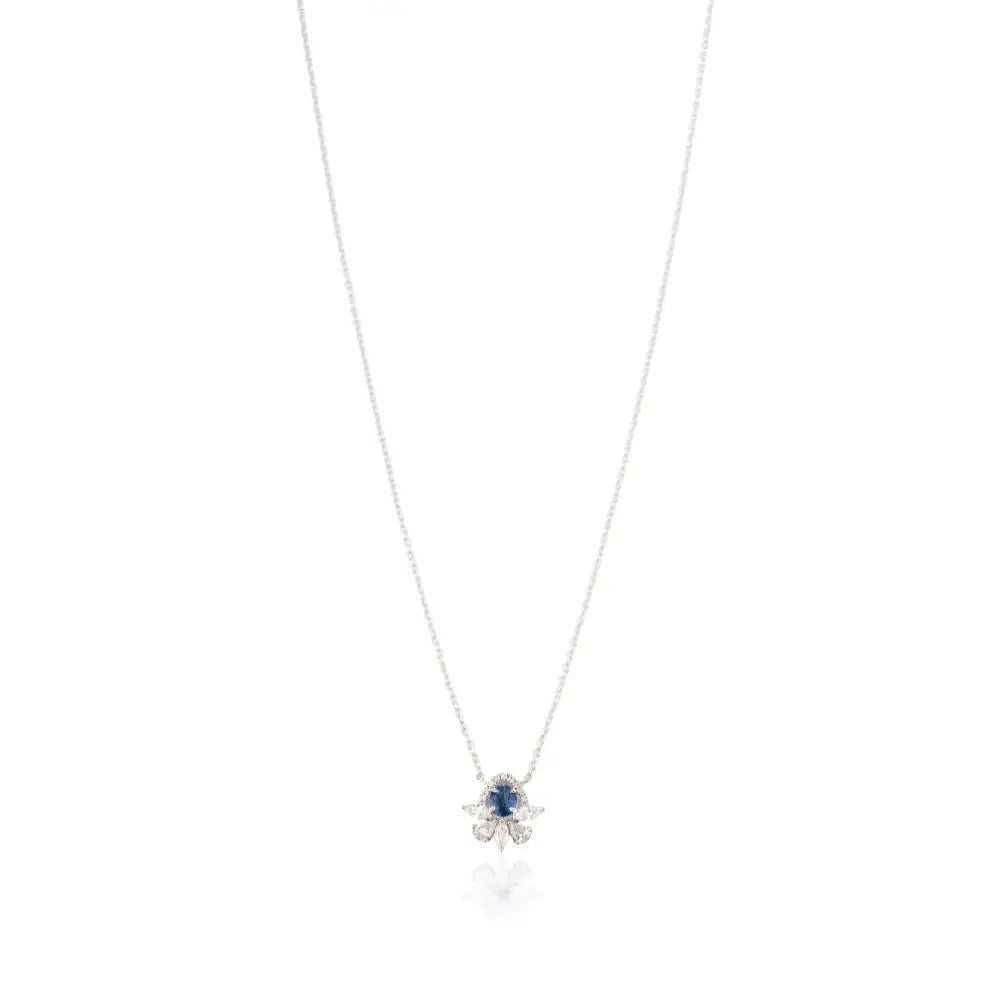 14K Solid White Gold Blue Sapphire & Diamond Minimal Pendant Necklace Everyday Jewelry