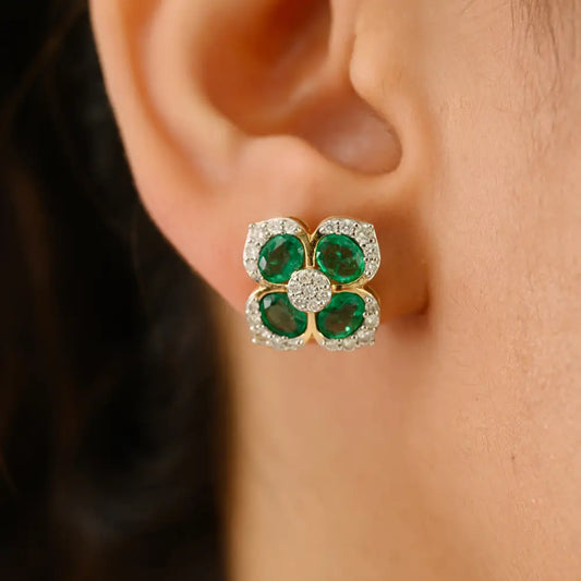 Unique Design Emerald & Diamond Pure 18K Yellow Gold Flower Shape Stud Earrings For Women's