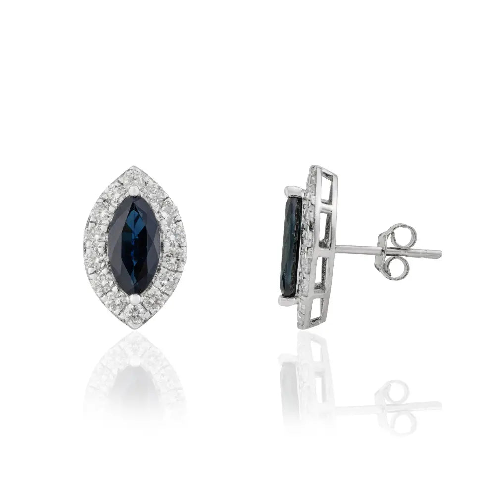6x11mm Marquise Shape Blue Sapphire & Diamond Halo Stud Earrings Customized Jewelry