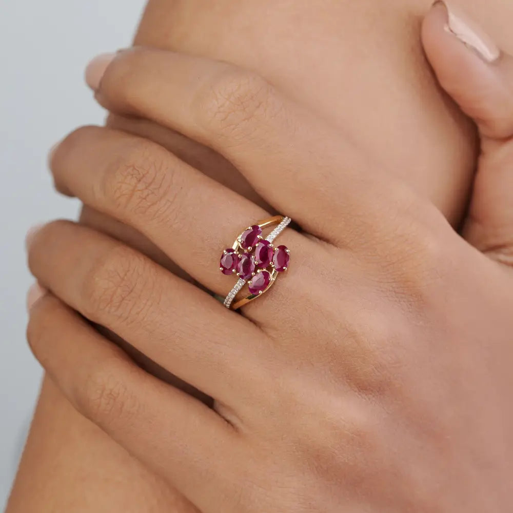 Precious Gemstone Ruby & Diamond Solid K14 Yellow Gold Wedding Ring Custom Jewelry