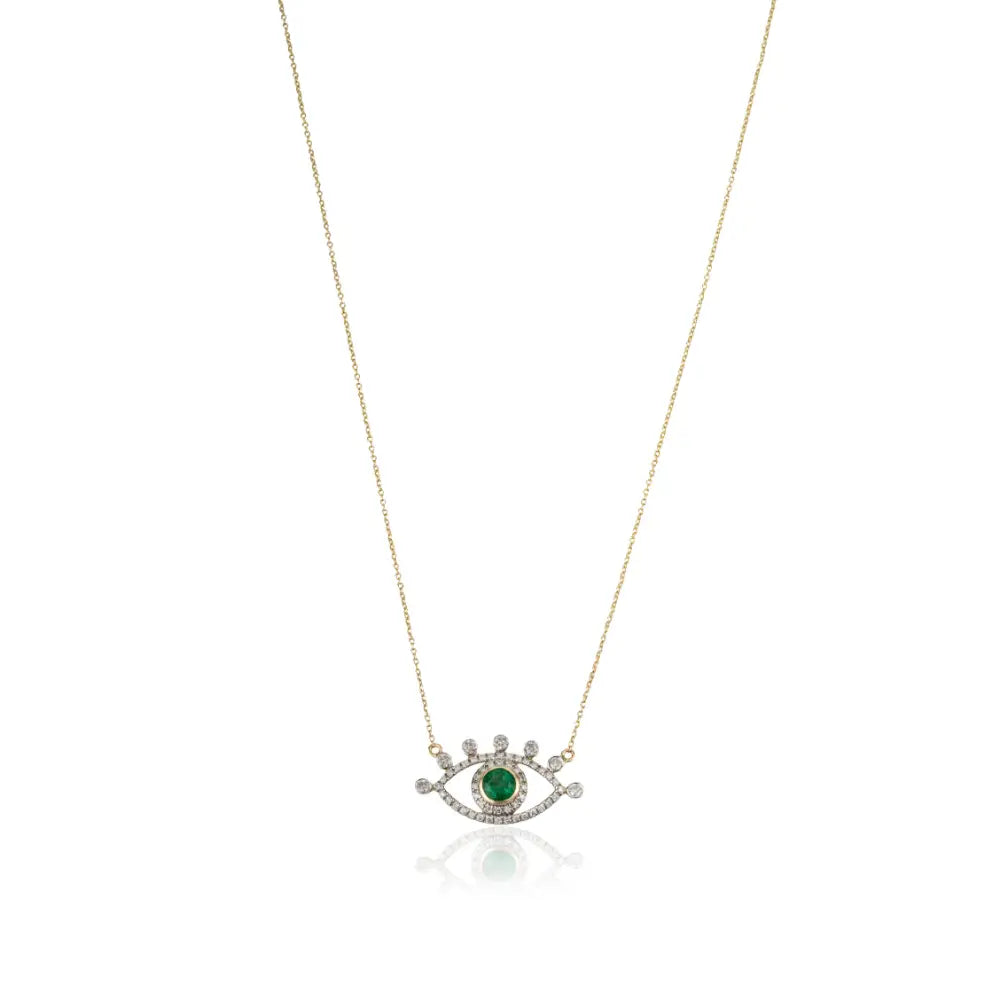 Unique Design Emerald & Diamond Evil Eye Pendant Necklace Fine 14K Yellow Gold Jewelry