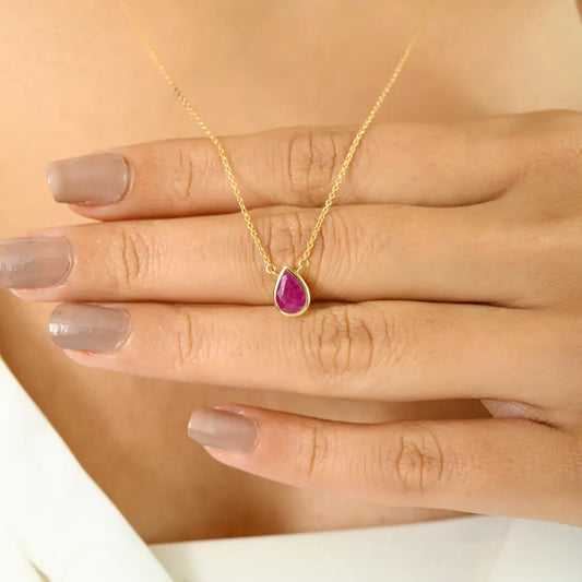 14K Solid Gold Genuine Pear Shape Ruby Single Stone Pendant Necklace Anniversary Gift