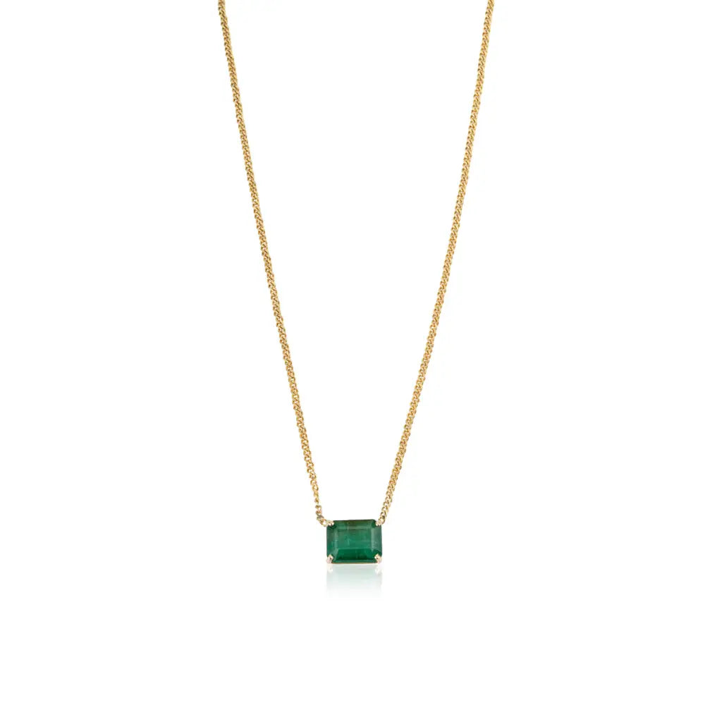 100% Authentic Emerald Curb Link Chain Solitaire Gemstone Pendant Necklace K14 Real Gold