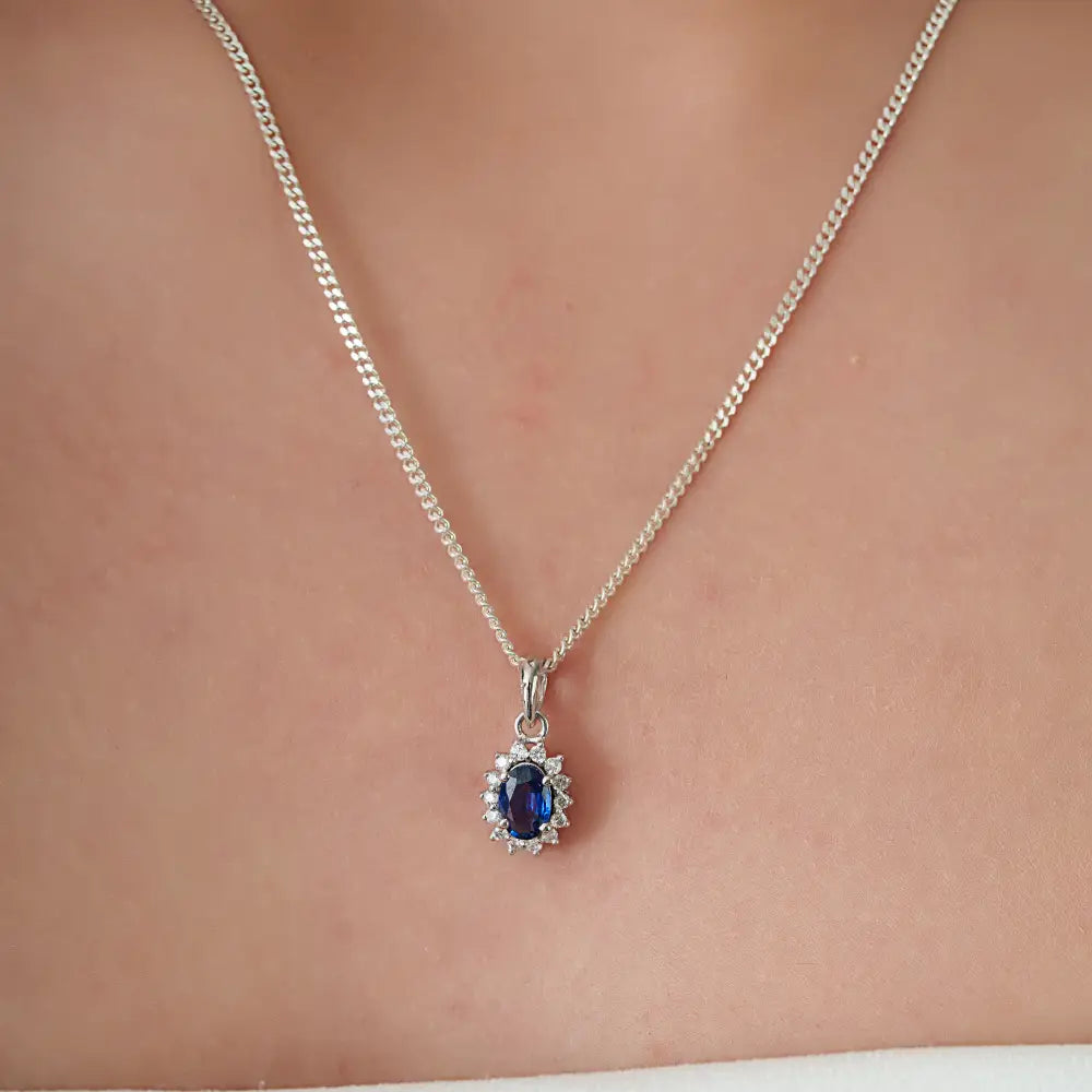Precious Gemstone Blue Sapphire & Diamond 14K Solid White Gold Cluster Pendant Bulk Jewelry