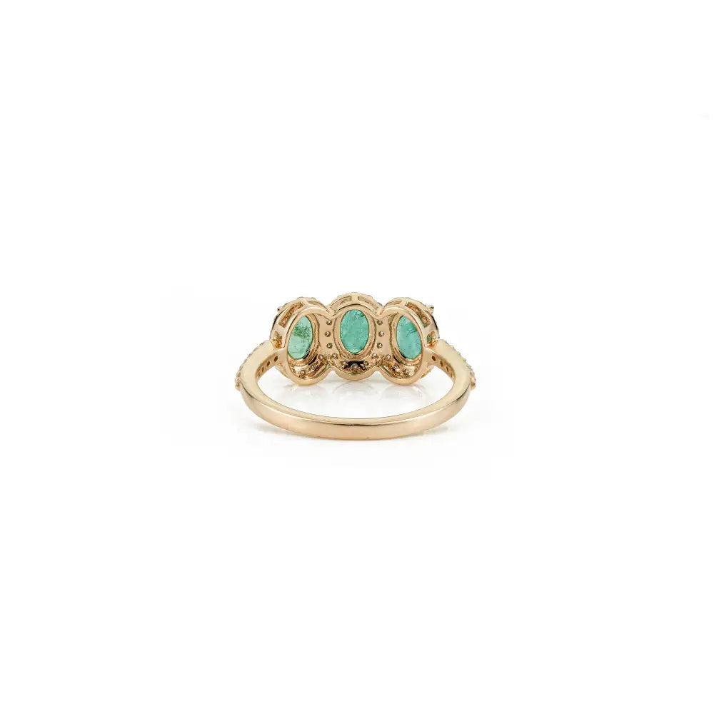 Oval Shape Emerald & Round Cut Diamond Three Stone Ring Fine 14K Solid Yellow Gold Jewelry