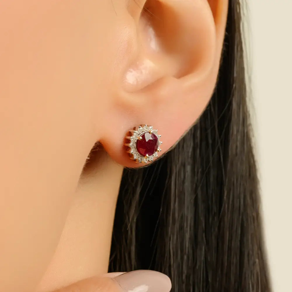 New Trending Products Round Cut Ruby & Diamond 14K Yellow Gold Cluster Stud Earrings