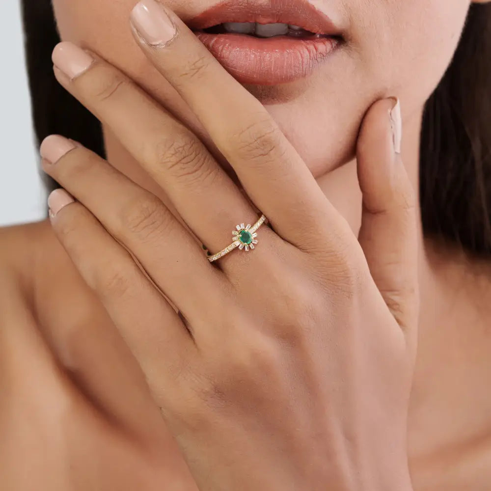 Newly Design Emerald & Diamond K14 Solid Yellow Gold Stacking Ring Minimal Jewelry