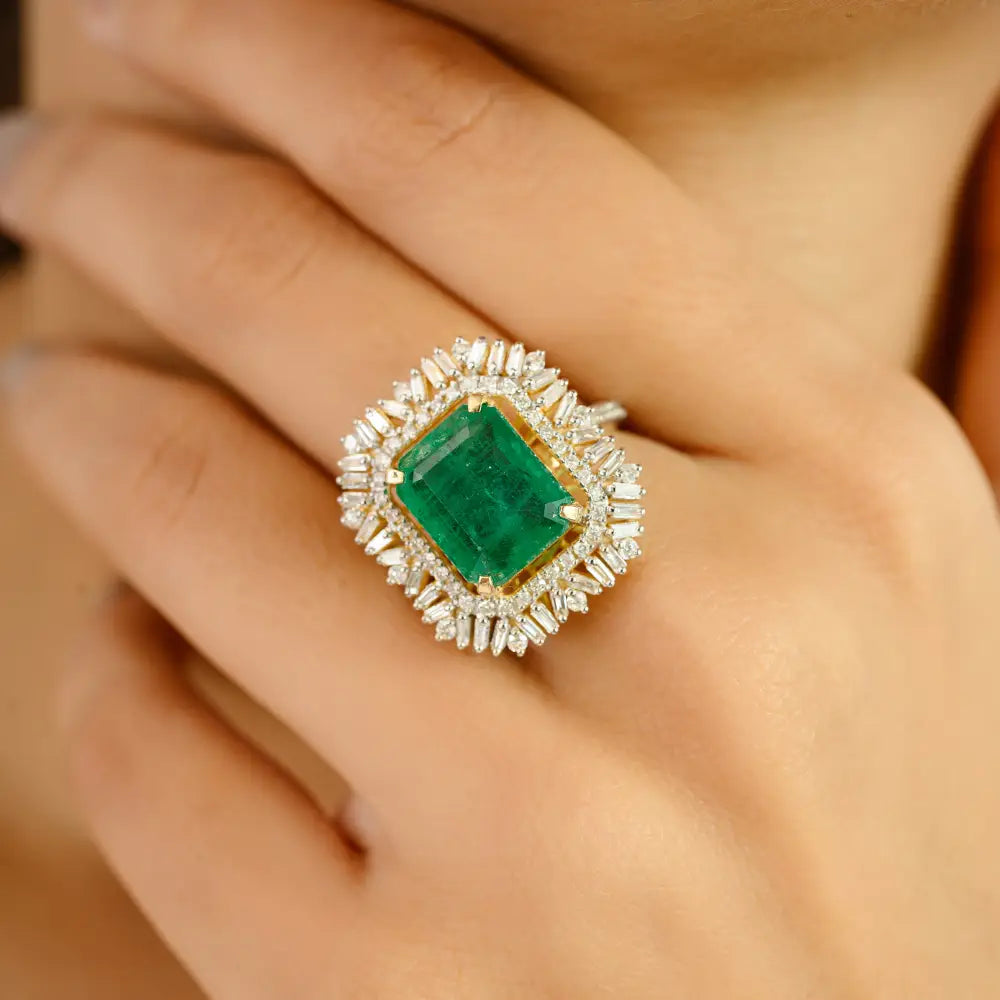 4.83ct. Zambian Emerald & Diamond Fine Statement Ring Bold Bridal Jewelry 14K Yellow Gold