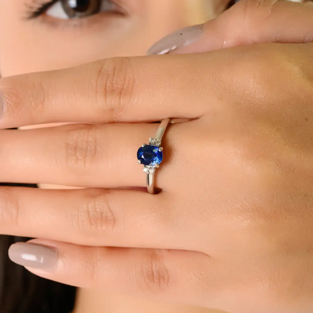Prong Setting Blue Sapphire & Diamond Daily Wear Minimal Ring 14K Solid White Gold Jewelry