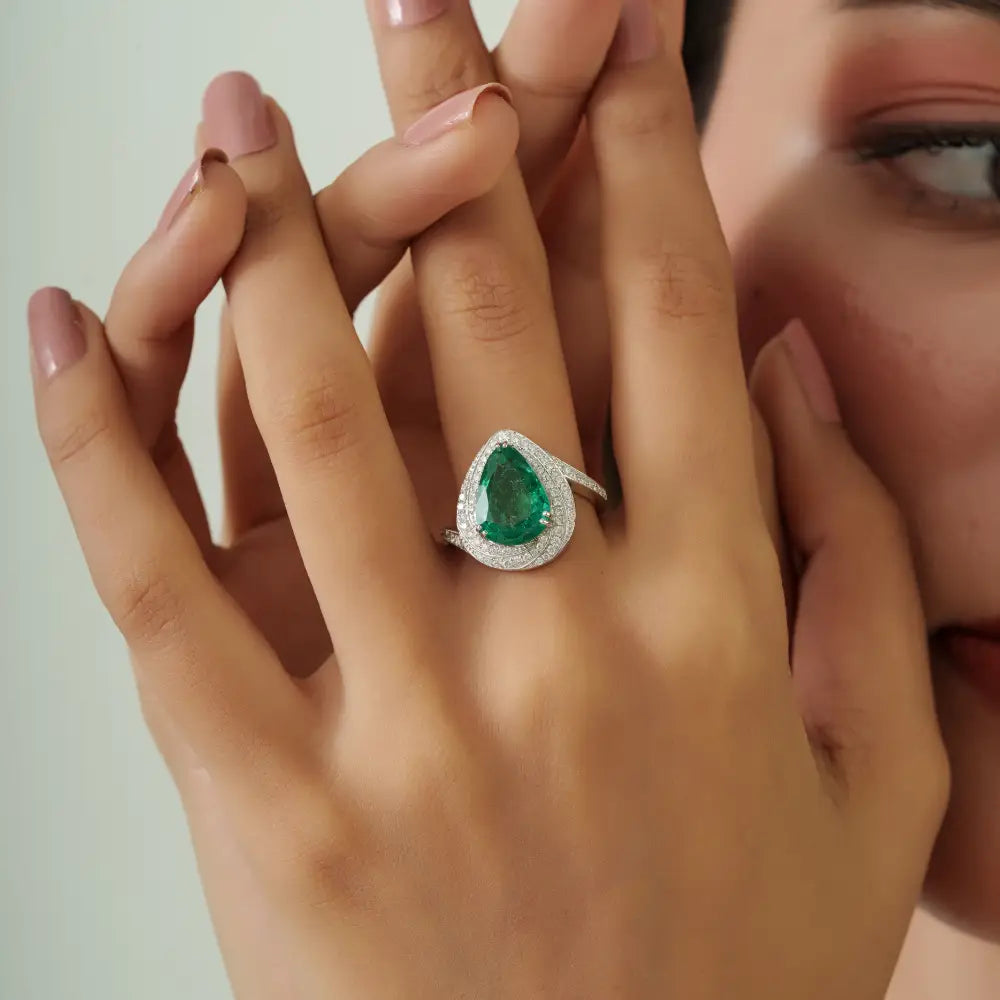 Double Prong Set Emerald & Diamond Cluster Cocktail Ring Wedding 18K White Gold Jewelry