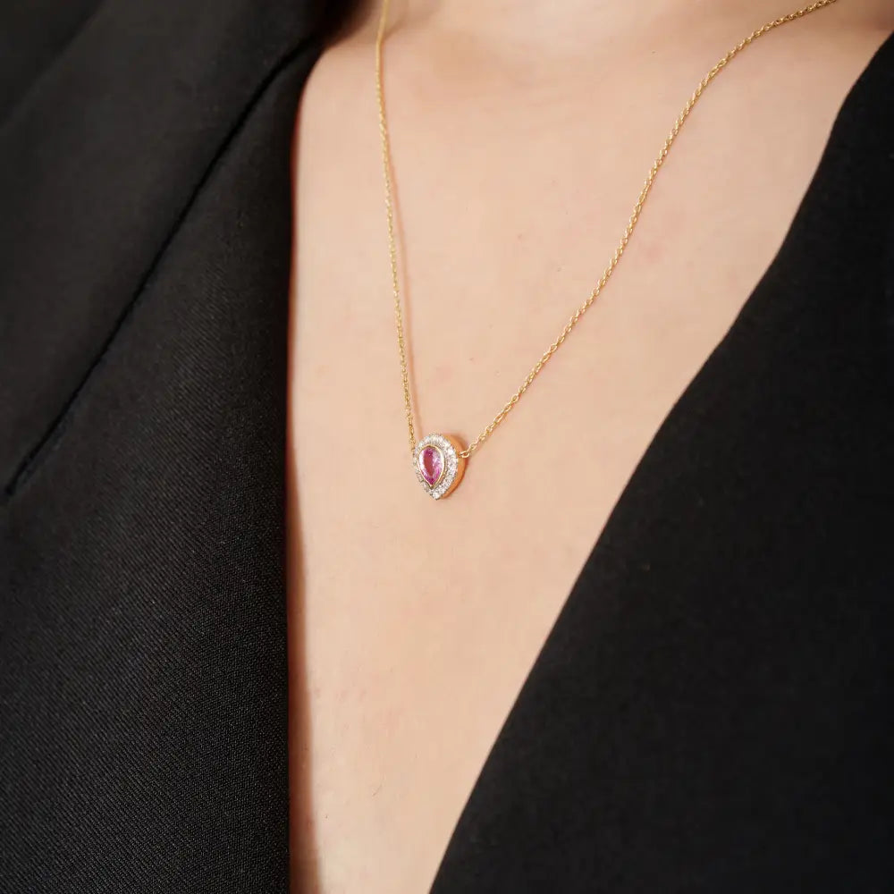 Bezel Set Pink Sapphire & Diamond K18 Real Yellow Gold Solitaire Halo Pendant Necklace