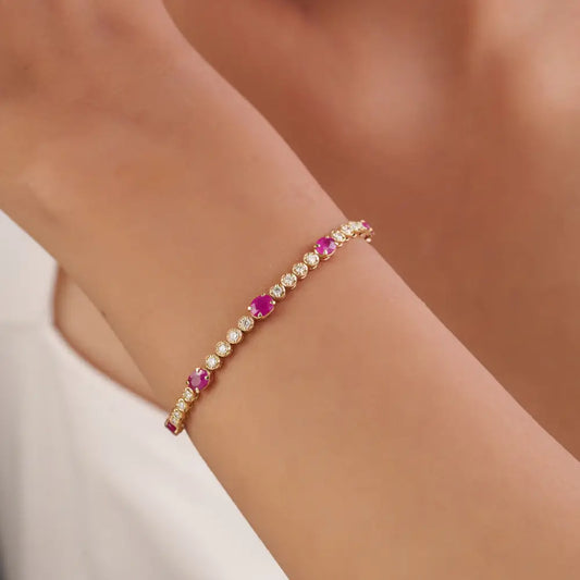 Best Quality 14K Real Yellow Gold Ruby & Diamond Wedding Tennis Bracelet Anniversary Gift